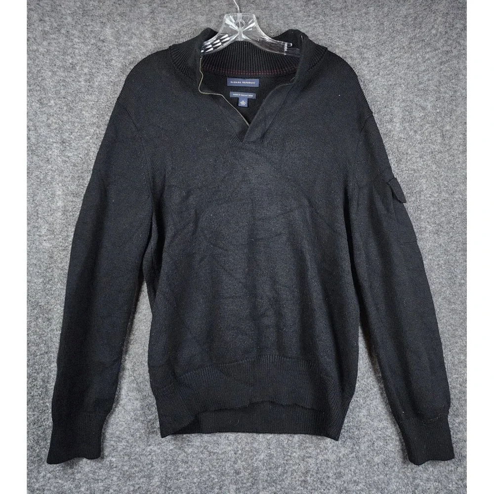 Banana Republic Sweater Men Size M Black Wool Blend Military Epaulet Quarter Zip